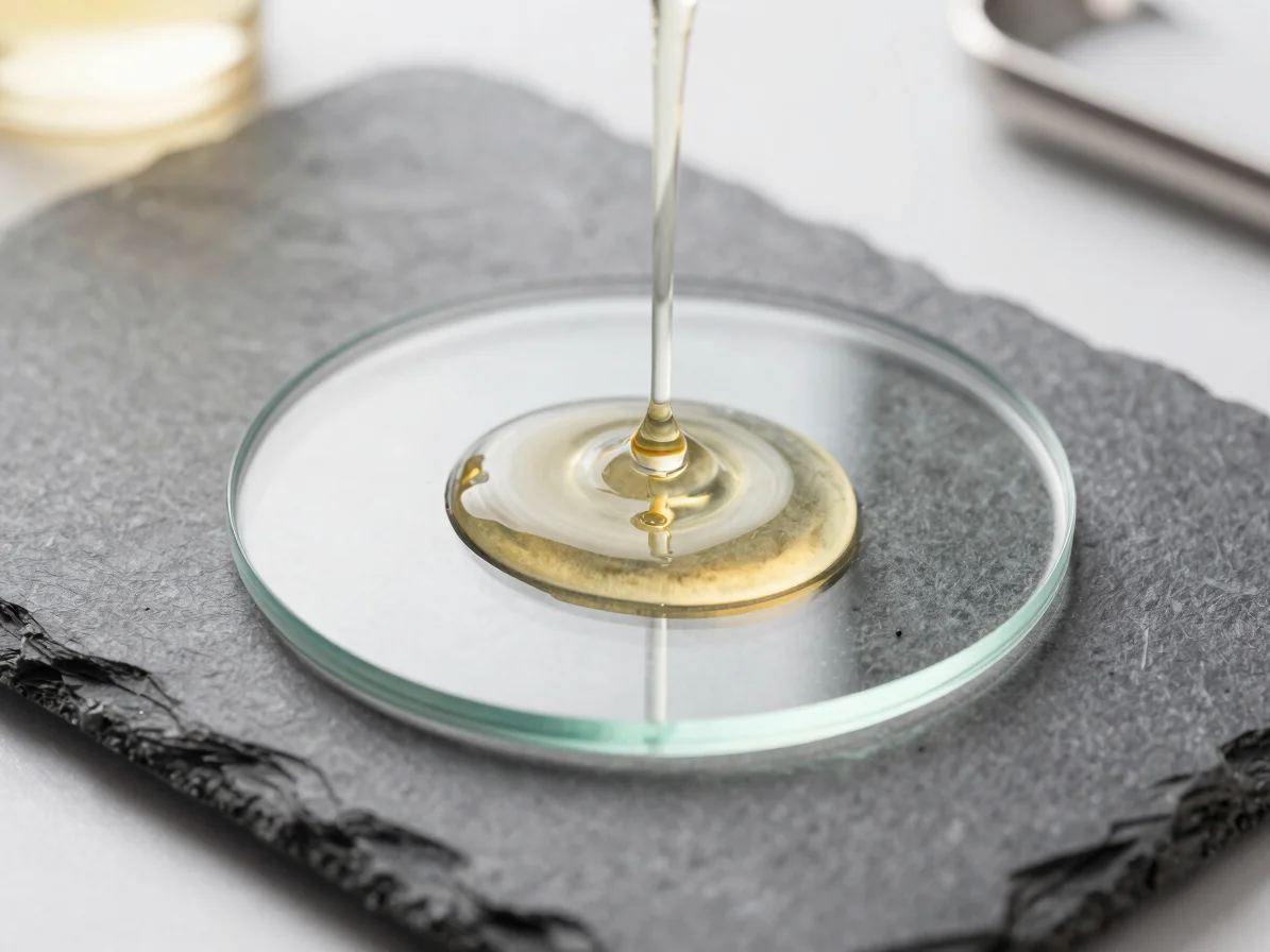 Macro liquid texture of golden hair oil drops on a sterile glass surface, clinical studio lighting