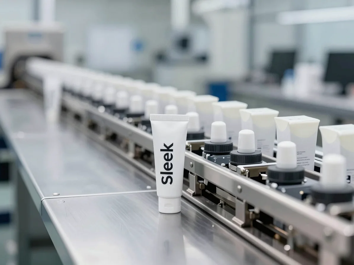 Sleek unbranded product packaging lines in a modern manufacturing facility, clean stainless steel tones