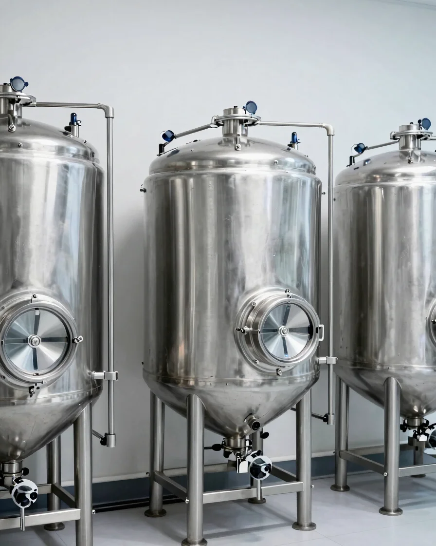 Stainless steel formulation tanks in a clean high-key laboratory setting, bright directional lighting, macro detail