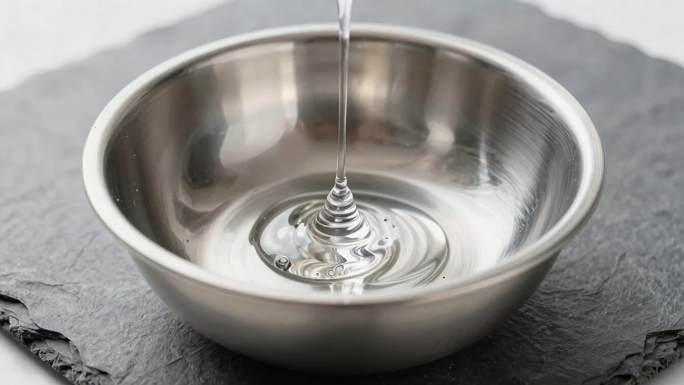 Macro detail of clear high-viscosity shampoo texture in a clean stainless steel laboratory bowl under bright directional