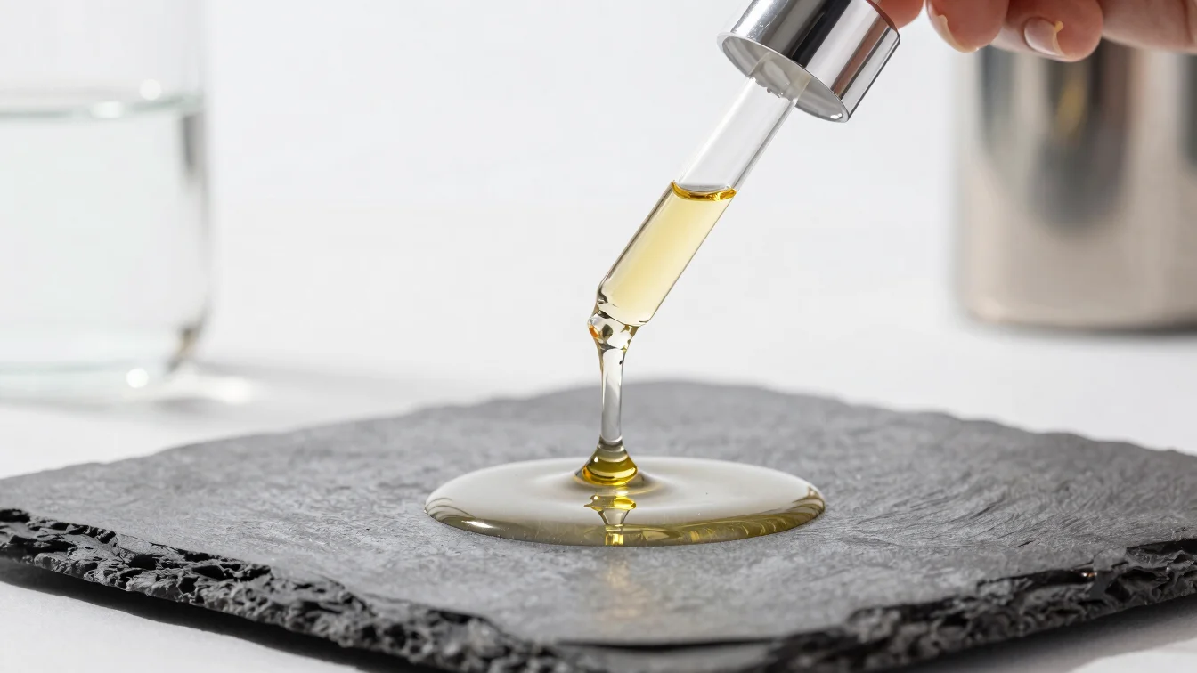 Precision dropper releasing golden hair nourishing oil onto a frosted glass surface, studio high-key lighting