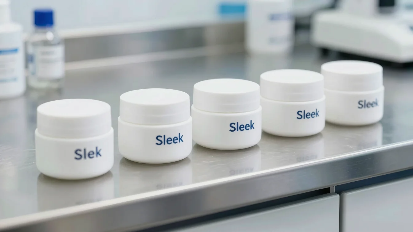 Sleek unbranded cosmetic cream jars aligned on a brushed stainless steel laboratory counter, clinical high-key style