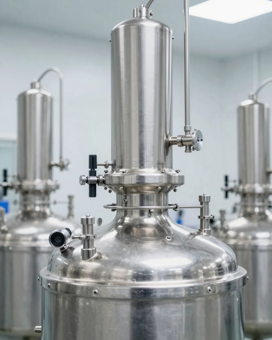 Wide stainless steel industrial reaction vessels in a clean cosmetic manufacturing facility, crisp high-key lighting, ma