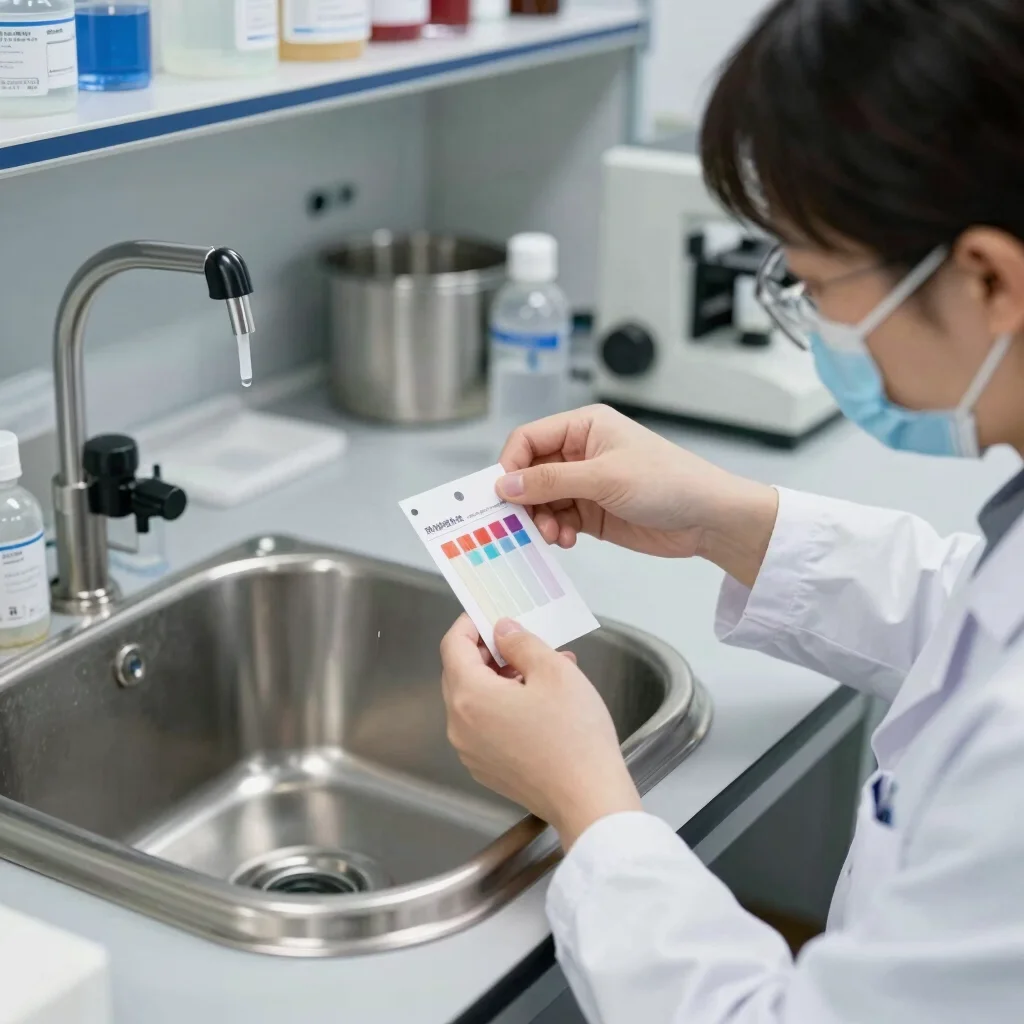 Laboratory technicians testing batch viscosity samples in clean stainless steel formulation vats