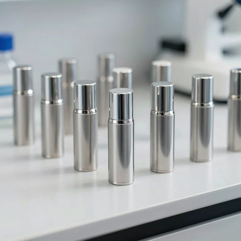 Clean slate and stainless steel tones highlighting unbranded cosmetic packaging prototype lines